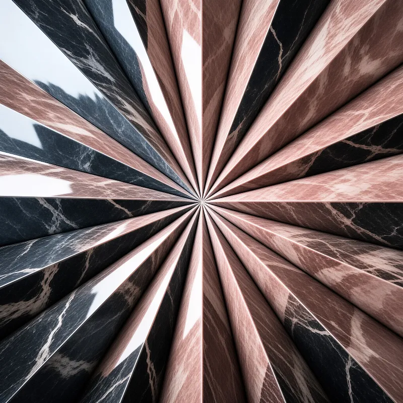 Alternating black veined and rose pink marble panels radiate outward from a sharp center point, showing glossy polished surfaces catching light.