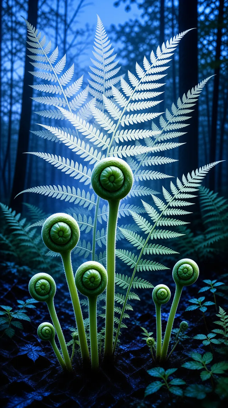 Glowing green fern fiddleheads and fronds stand out against a dark blue forest background.