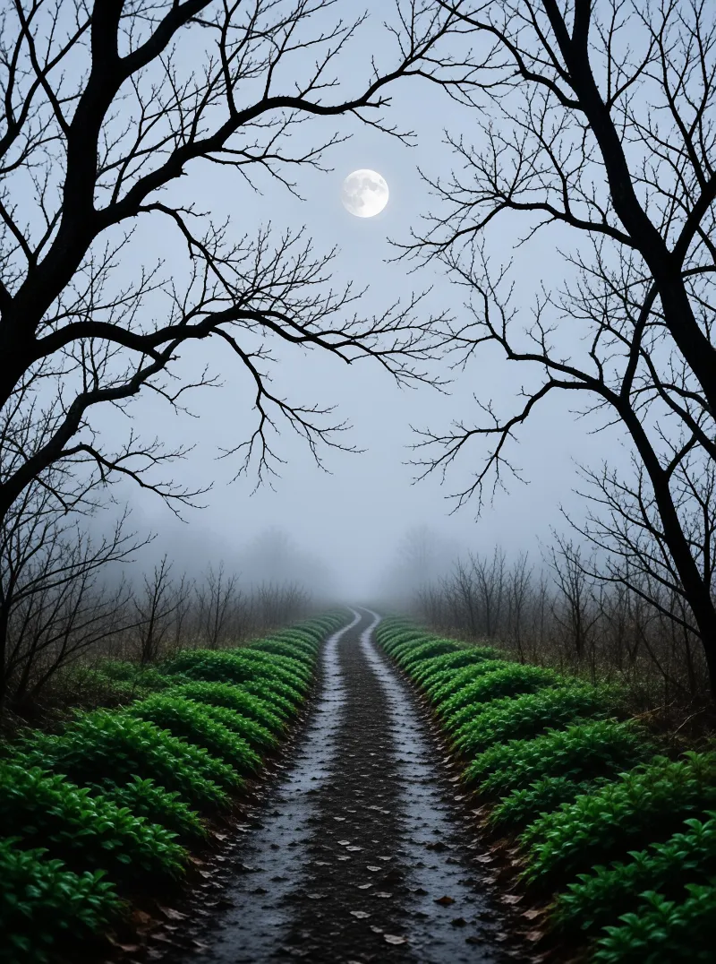 Misty Path Under Moon