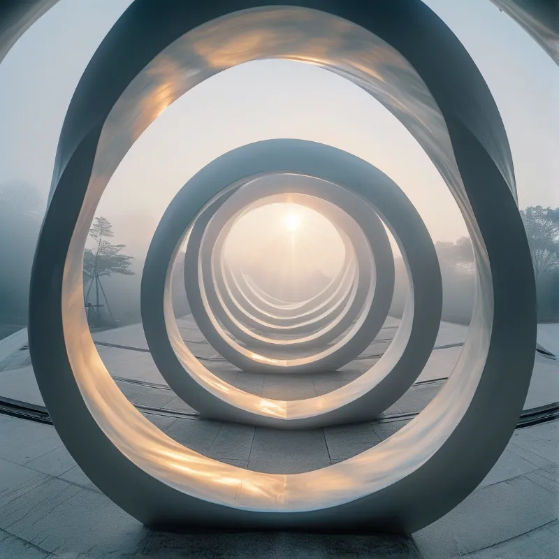 Concentric white rings stand in a misty plaza with bright sunlight shining through the innermost circle.