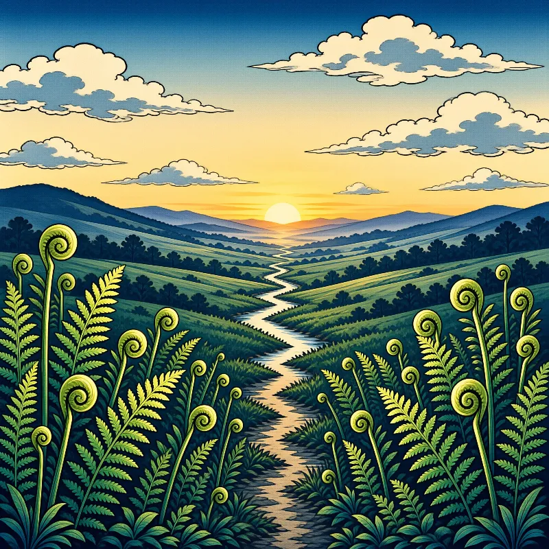 A river meanders through lush green hills under a warm sunset sky with decorative ferns in the foreground