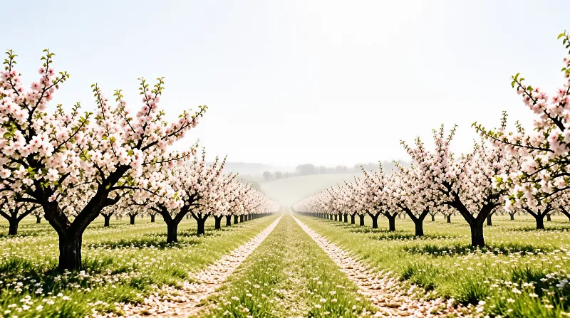 Symmetrical rows of pink cherry blossom trees line a grassy field covered in white wildflowers leading toward a misty horizon.