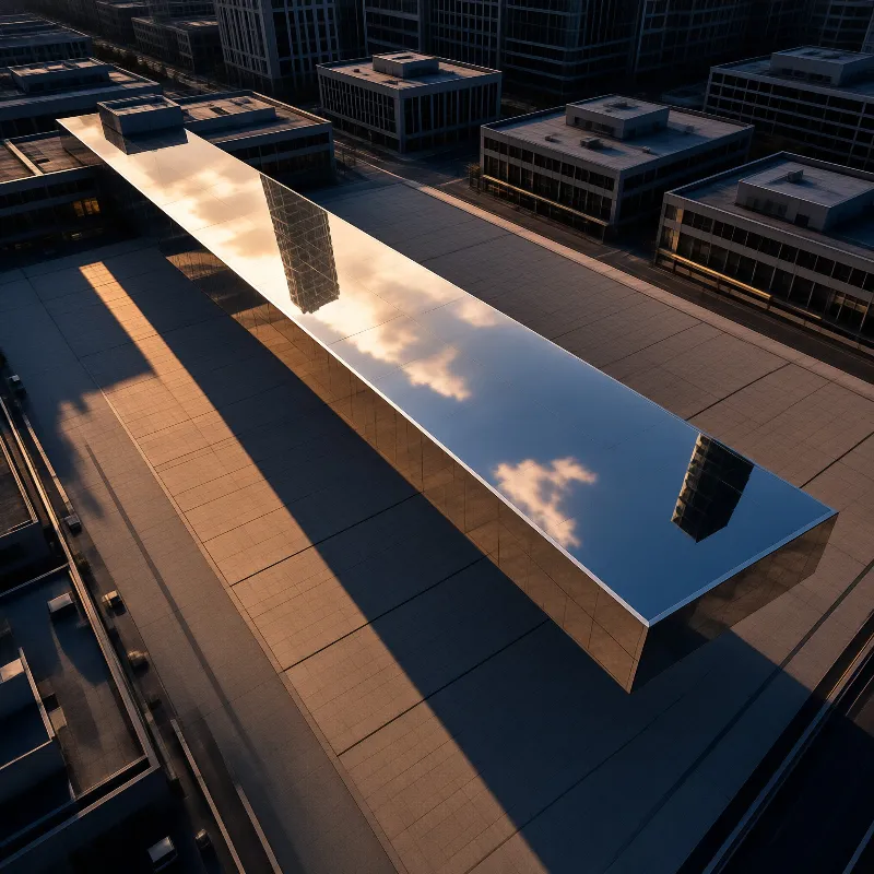 A high-angle view of a long building with a shiny roof mirroring clouds and nearby structures under low sunlight.