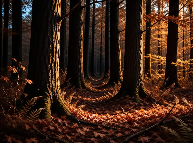 Tall tree trunks line a leaf covered path as warm low sun gilds the fall foliage deep in the woods.