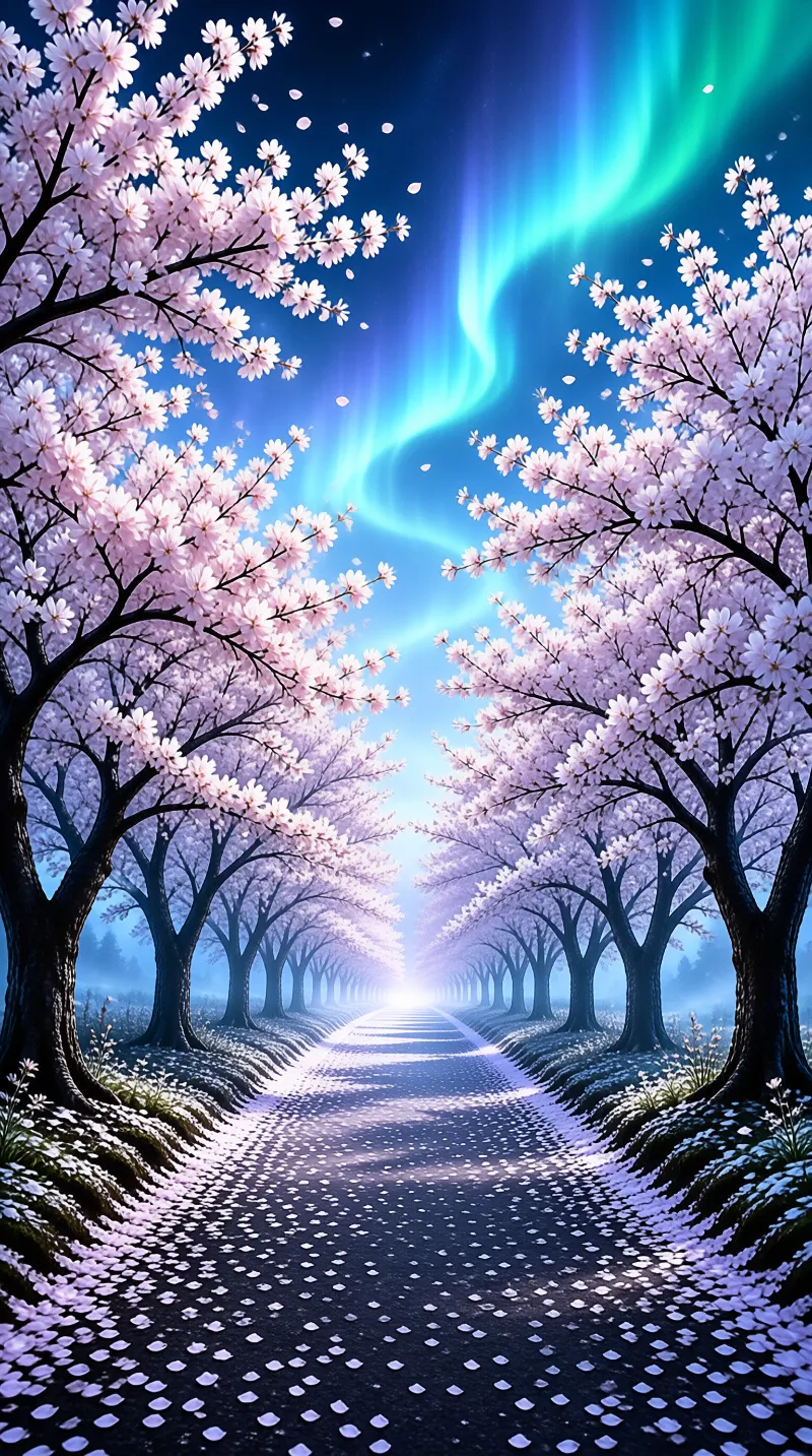 Sakura Path Under Aurora