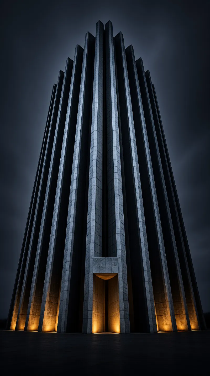 A towering vertical stone structure stands against a cloudy night sky with warm lights illuminating the bottom entrance.