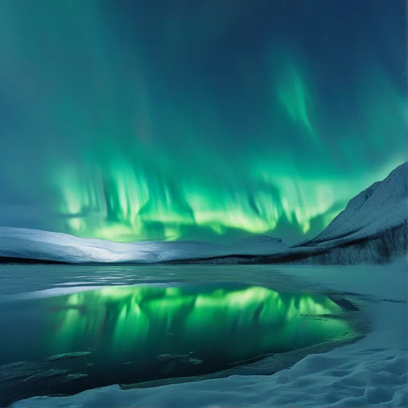 Vibrant green aurora borealis glows across the night sky above snowy mountains and reflects in the calm water below.