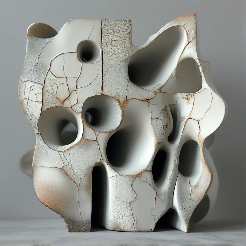 A textured white ceramic sculpture with deep cavities and brown stained cracks resting on a neutral surface.