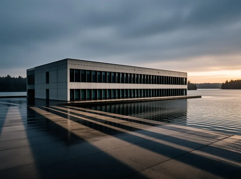 A long rectangular structure extends over a calm lake with a twilight sky and long shadows.