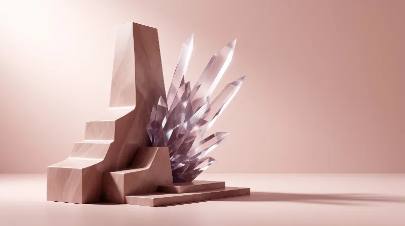 A stepped geometric stone form stands beside translucent purple crystal spikes against a smooth dusty pink background.