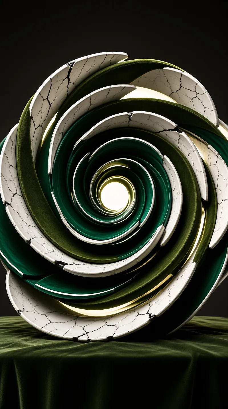 A layered spiral object made of cracked white ceramic and deep green fabric sits on a matching green cloth.
