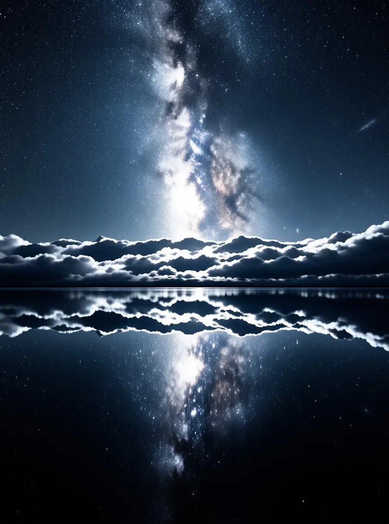 A panoramic view of the Milky Way stretching above a layer of dark clouds with a perfect reflection in the calm water below.