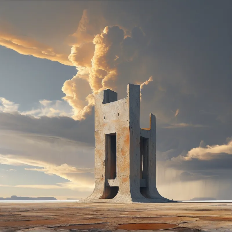 A tall concrete monolith with carved openings stands alone on a vast salt flat.