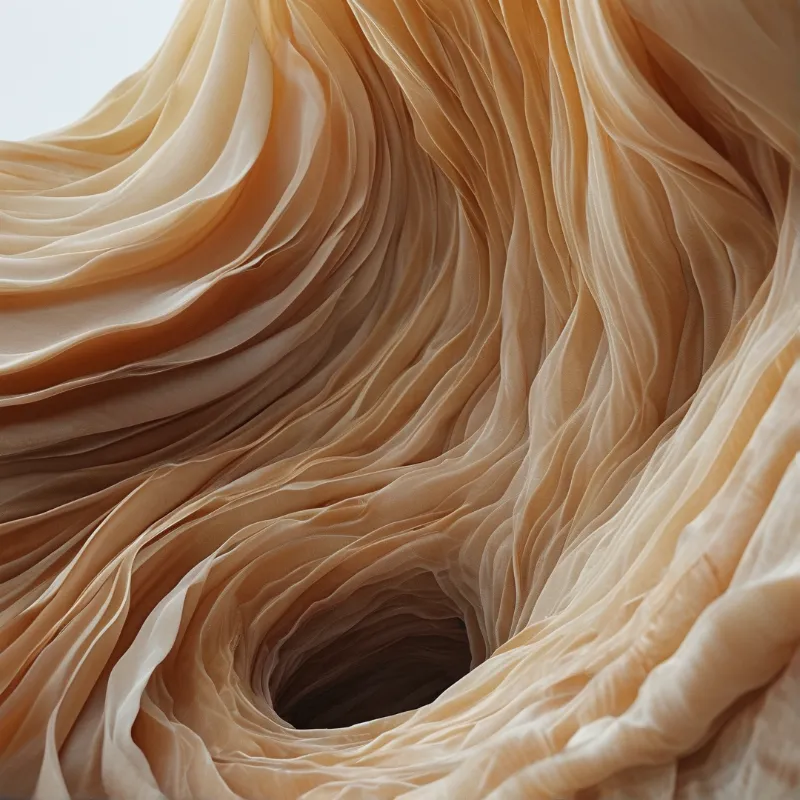 A spiraling passageway of layered beige rock curves downward into darkness illuminated by gentle overhead sun.