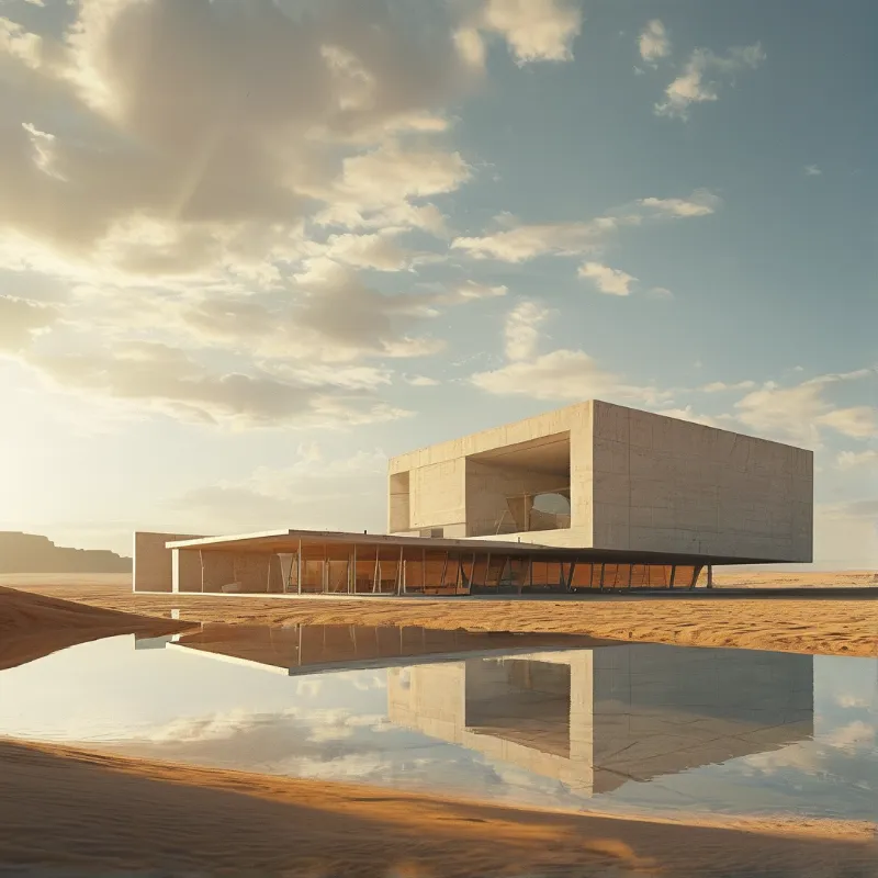 A massive concrete building stands in a sandy desert landscape with a still pool of water reflecting the structure and golden sky.