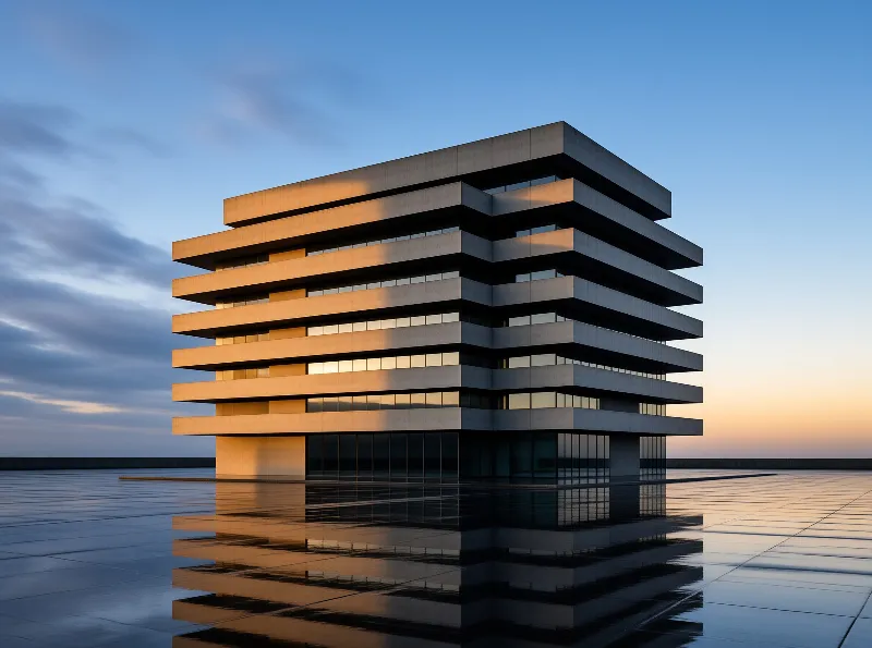 A layered concrete building stands on a reflective surface, mirroring its geometric form under a twilight sky.