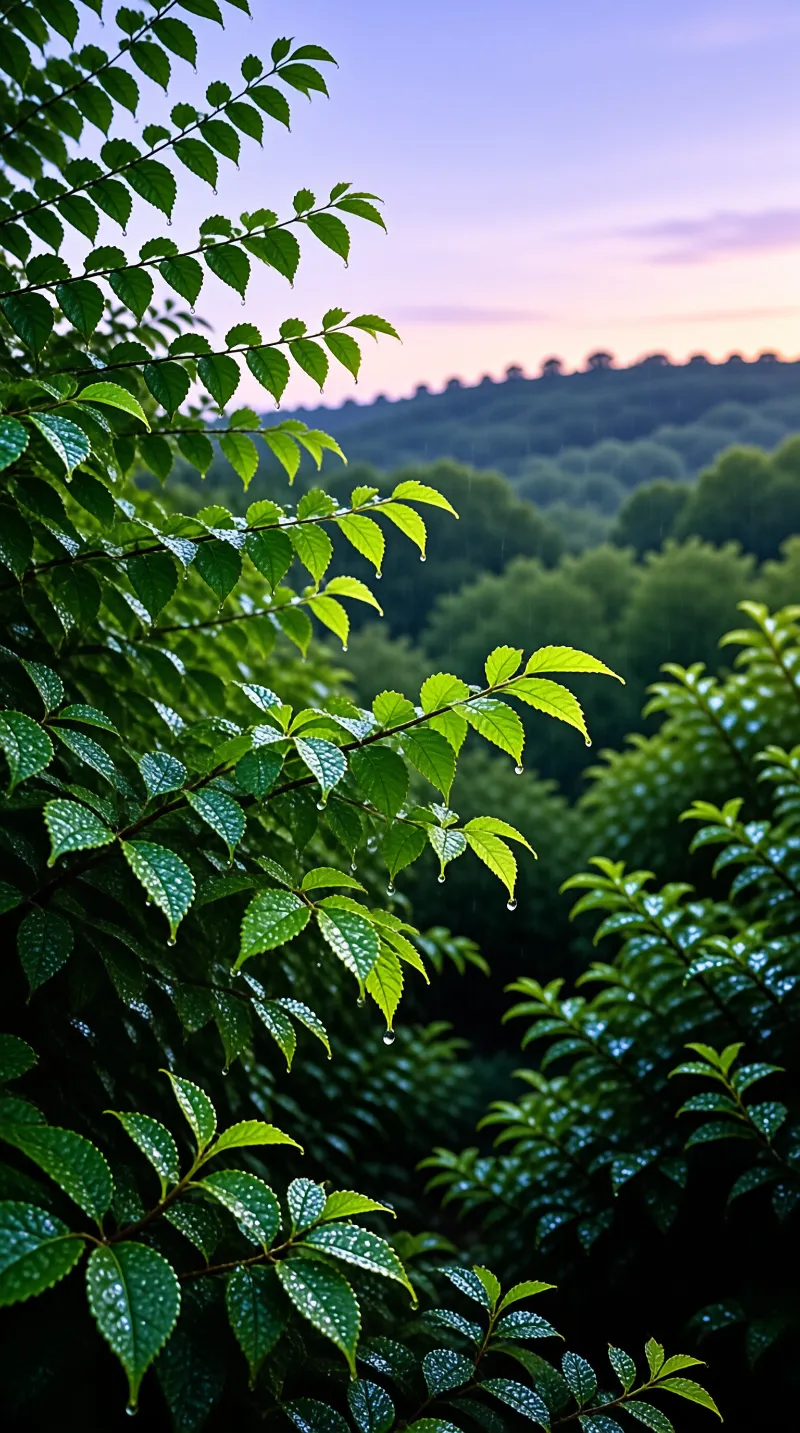 Raindrops cling to vibrant green leaves in the foreground while a forested hill rises under a sunset sky.