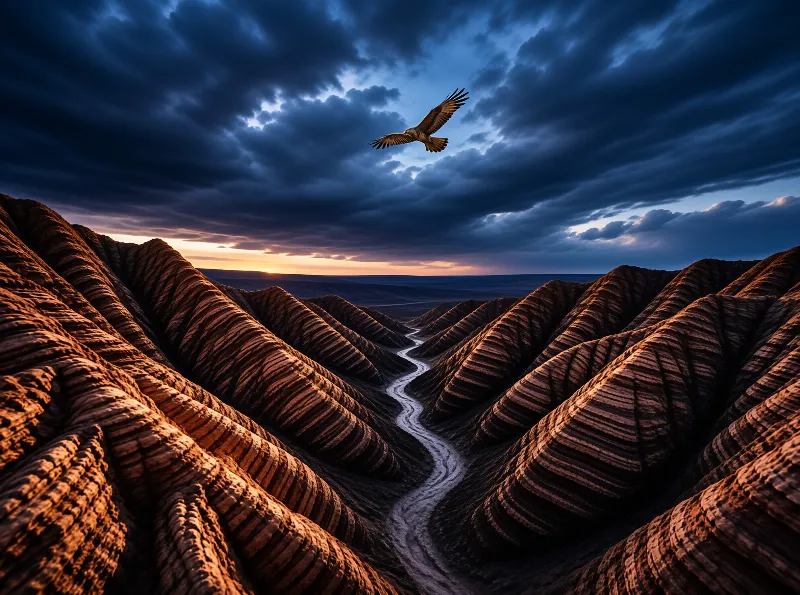 A silvery river threads between striated canyon ridges while an eagle soars beneath dark storm clouds.