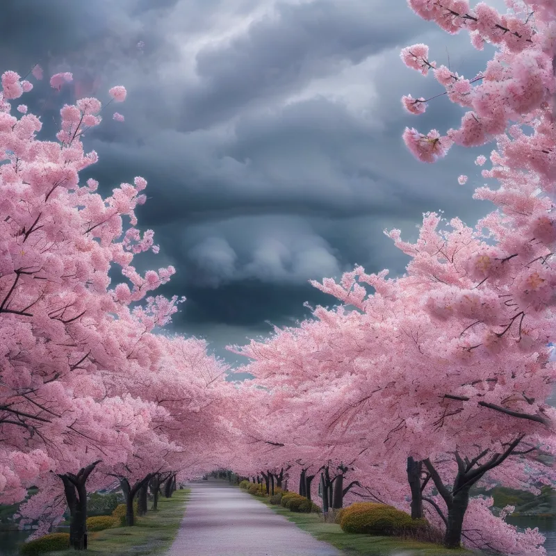 Sakura Path Under Clouds