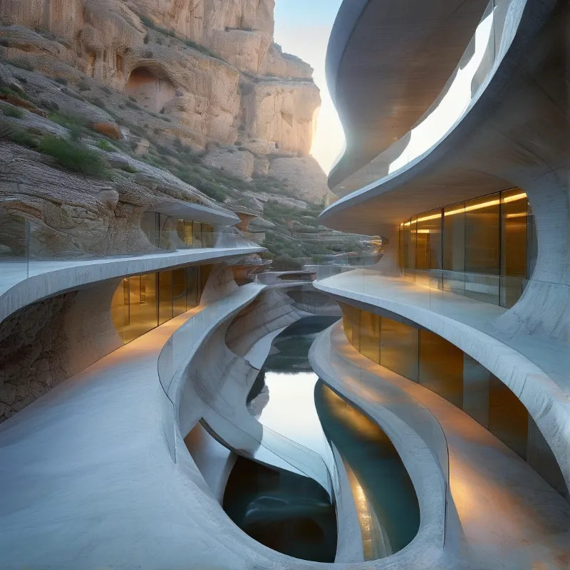 Sculpted concrete walls curve around canyon cliffs with warm interior light reflecting in a central water pool.