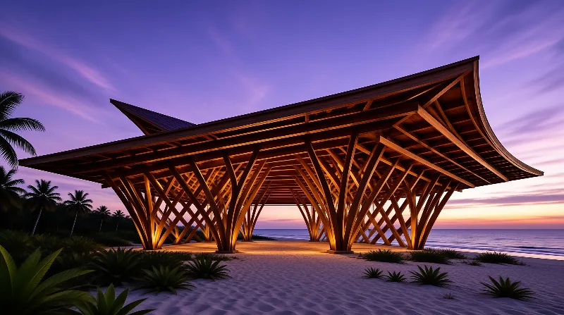 A sweeping curved wooden shelter with illuminated lattice beams sits on a white sand beach beneath a purple twilight sky.