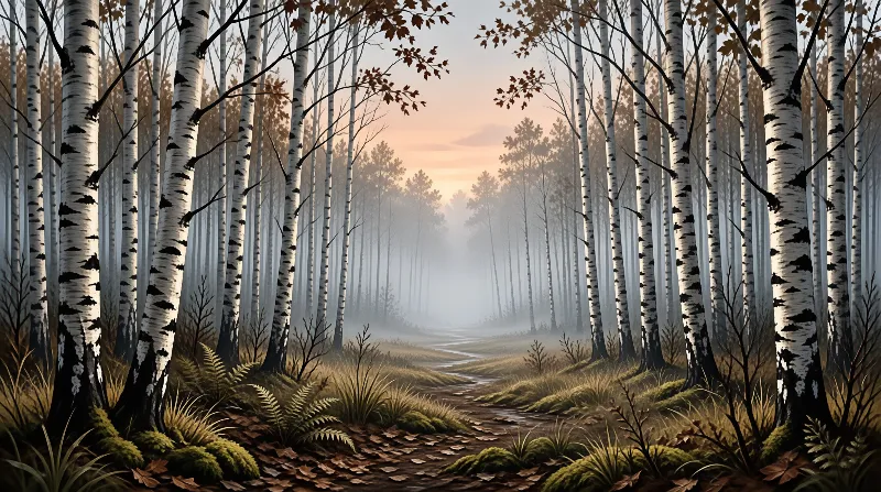 Tall white birch trees line a winding dirt path disappearing into foggy dawn light.