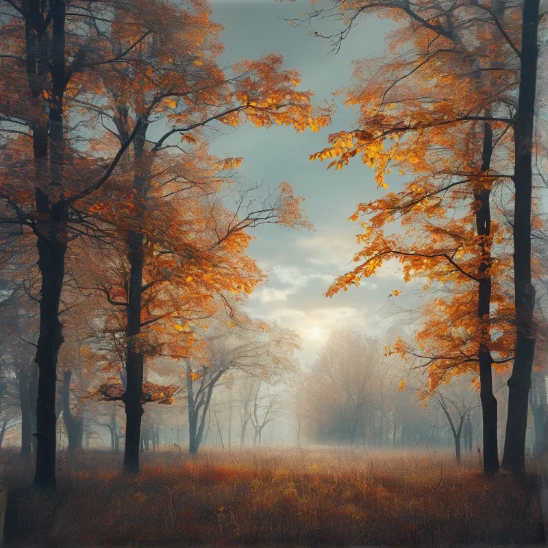Tall trees with orange autumn foliage stand in a foggy forest while sunlight breaks through the center.