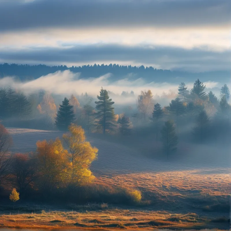 Low mist threads between frosty pastures and glowing birches while grey clouds linger above a distant pine ridge.