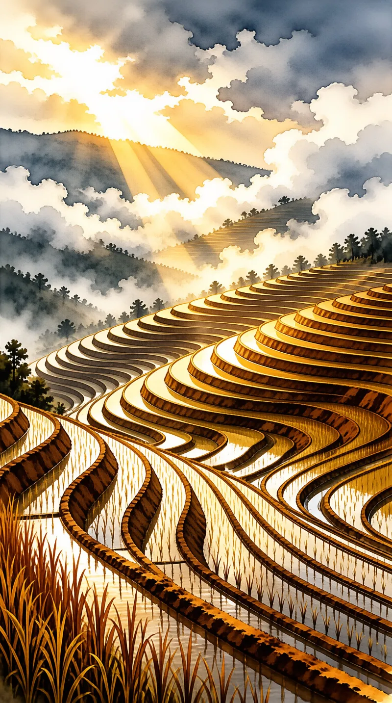 Layers of flooded rice paddies curve across a hillside while bright sunbeams pierce through heavy clouds above misty mountains.
