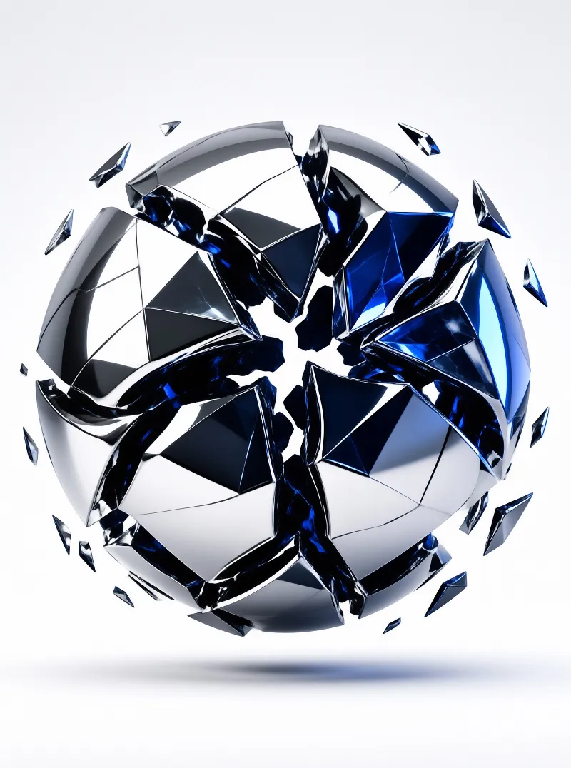A three dimensional blue and silver geometric sphere resembling a soccer ball cracks apart with floating fragments against a clean white background.
