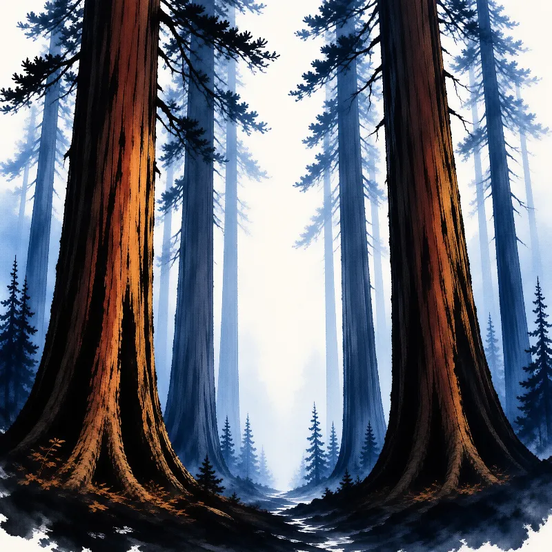 A serene view of massive redwood trunks catching warm sunlight while surrounded by cool blue fog and distant trees.
