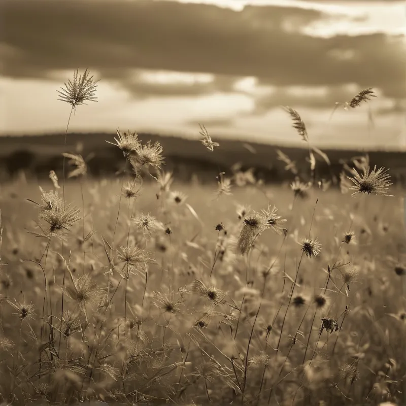 Sepia toned view of wild grass heads swaying against a cloudy sky and distant horizon line.