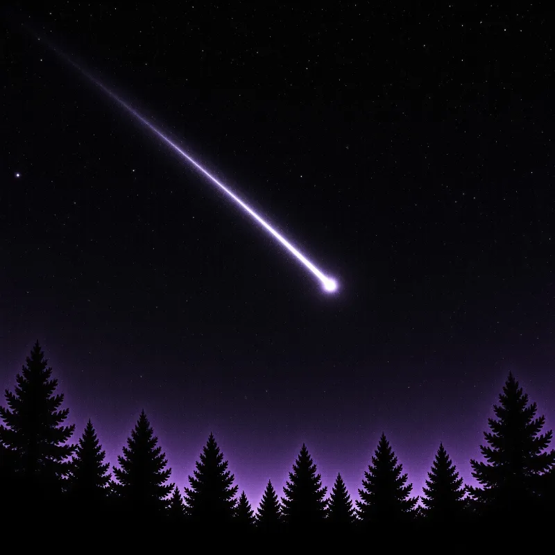 A bright meteor streaks across a star scattered night sky above black pine silhouettes and a violet horizon.