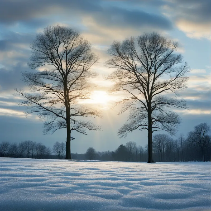 Bare trees stand in a snowy field with sun rays bursting between them.