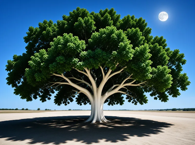 A massive tree with smooth white bark dominates a flat sandy plain under a vivid blue sky with a full moon.