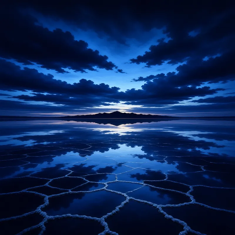 Polygonal salt flat patterns filled with shallow water reflect a deep blue twilight sky and distant mountain silhouette.