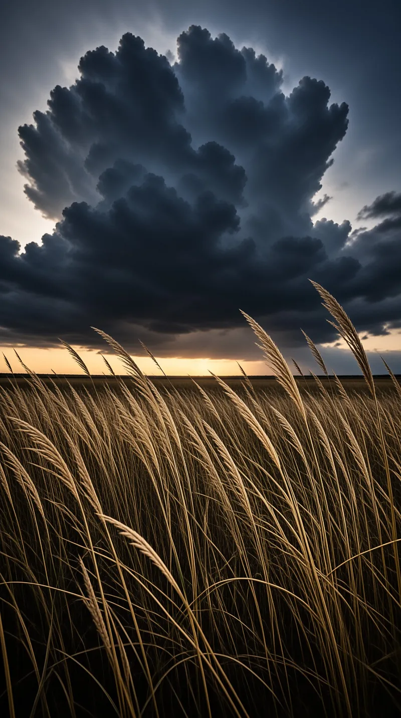 Reeds stretch across the foreground while a towering cumulonimbus cloud looms overhead against a fading sky.