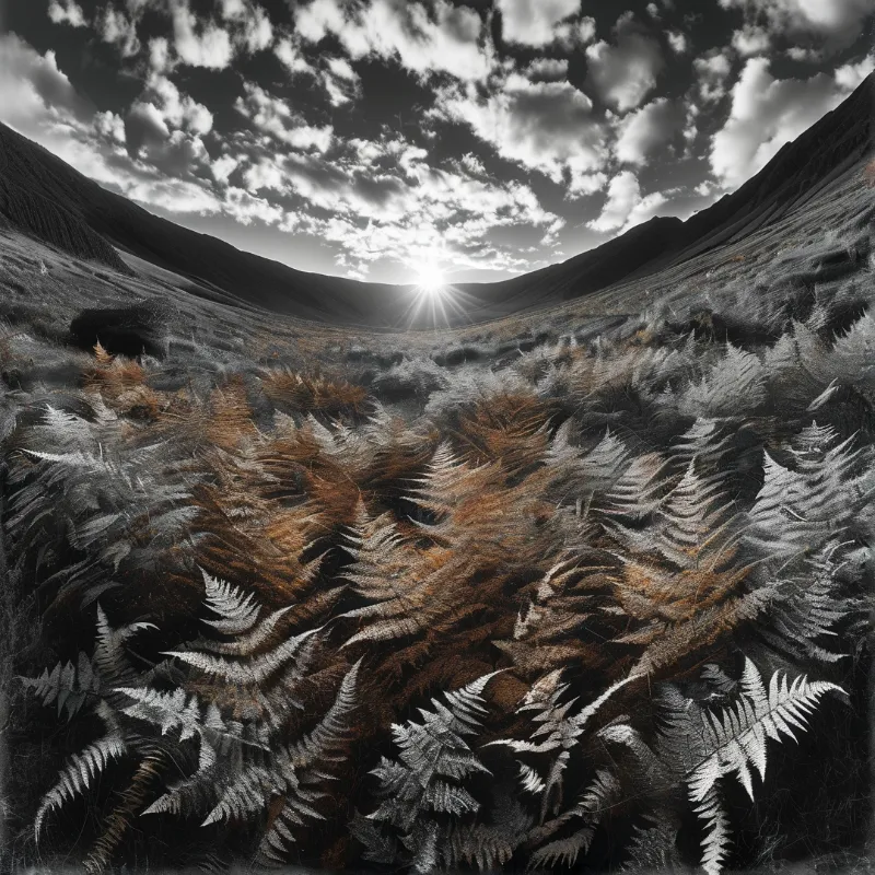 Frosted silver and rust colored ferns fill a hollow beneath dark hills as a sunburst rises at the head of the valley