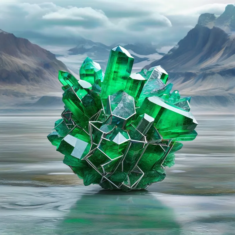 A large green crystal formation sits in shallow water with mountains and clouds in the background.