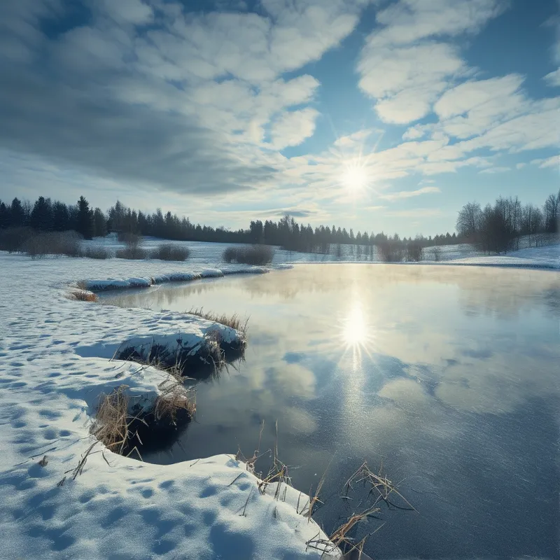 A frozen lake with sunbeams reflecting on its icy surface, surrounded by snowbanks and evergreen trees under partly cloudy sky.