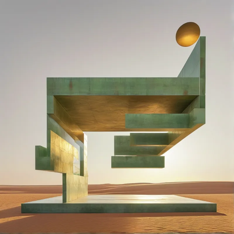 A geometric concrete structure with a golden sphere rises from desert dunes under a soft sky.