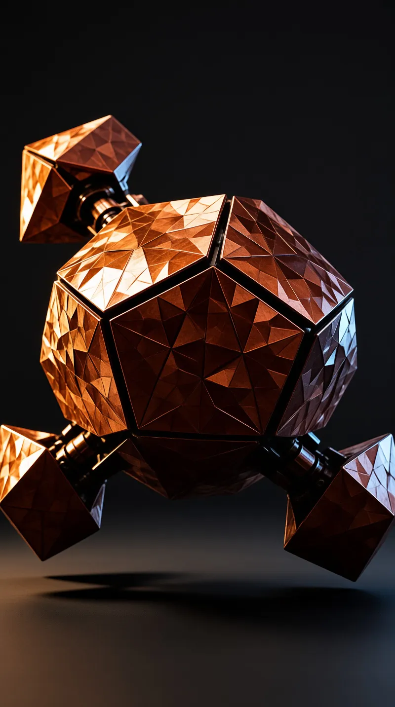 Clustered pyramids of burnished copper catch a single warm beam and throw sharp highlights on black.
