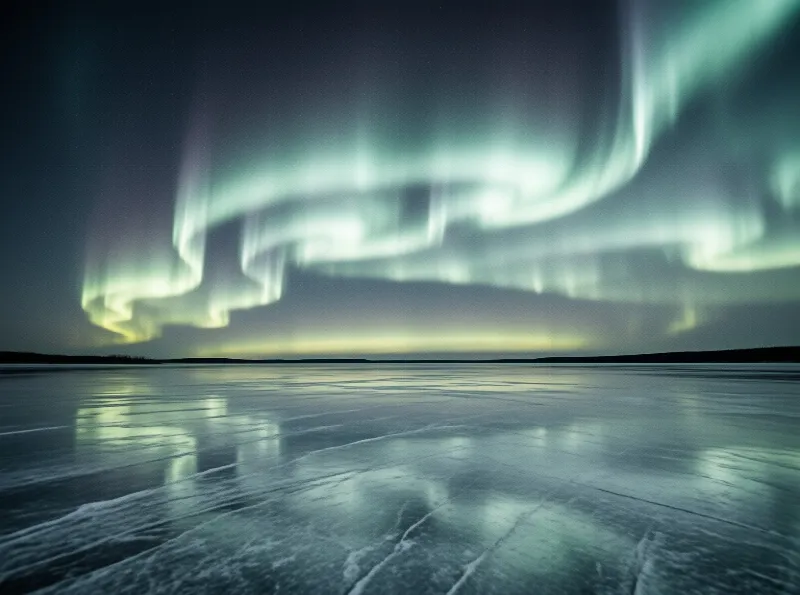 Green aurora borealis ribbons dance above a dark horizon while reflecting on the cracked surface of a frozen lake.
