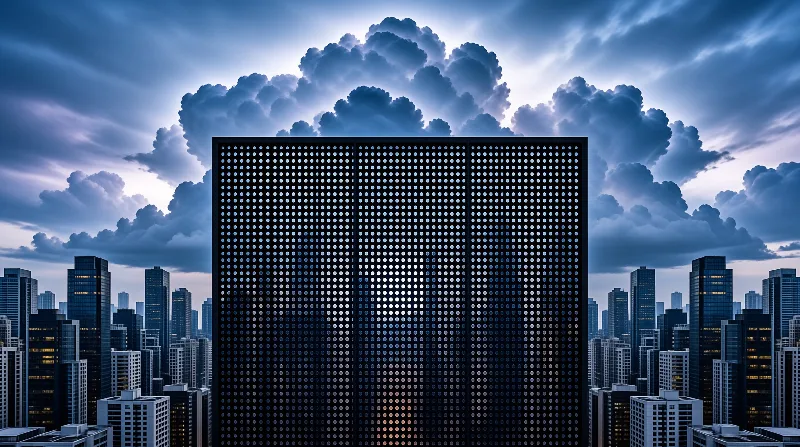 A large perforated panel with a grid of dots stands against a cloudy sky and dense skyscrapers.