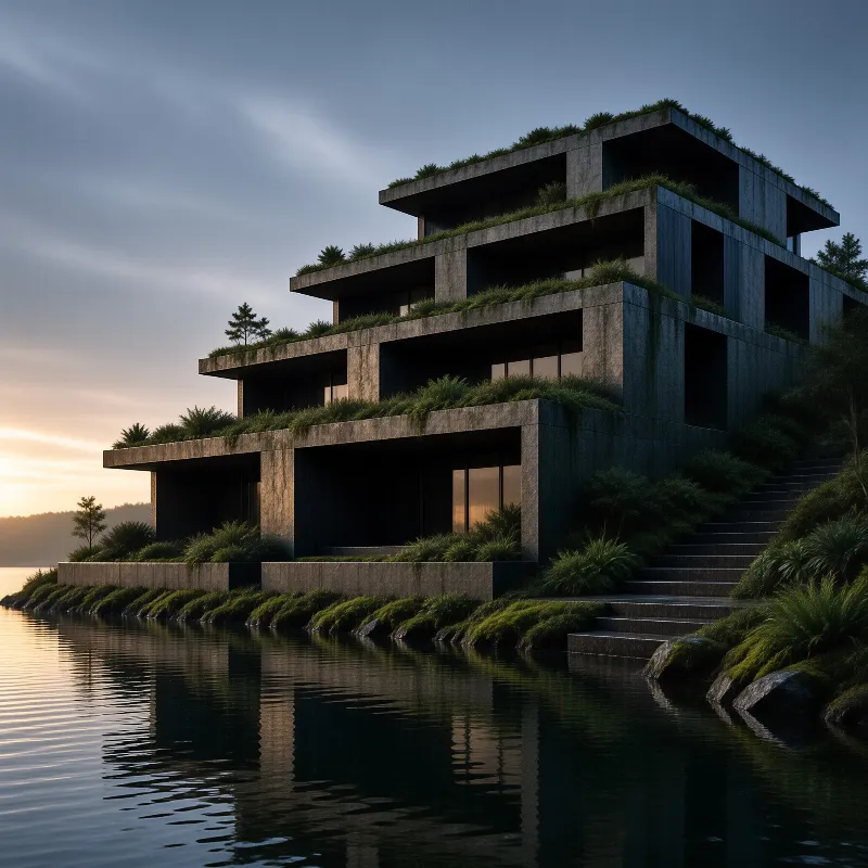 A concrete building with green roof gardens sits beside a calm lake during sunset with soft lighting.