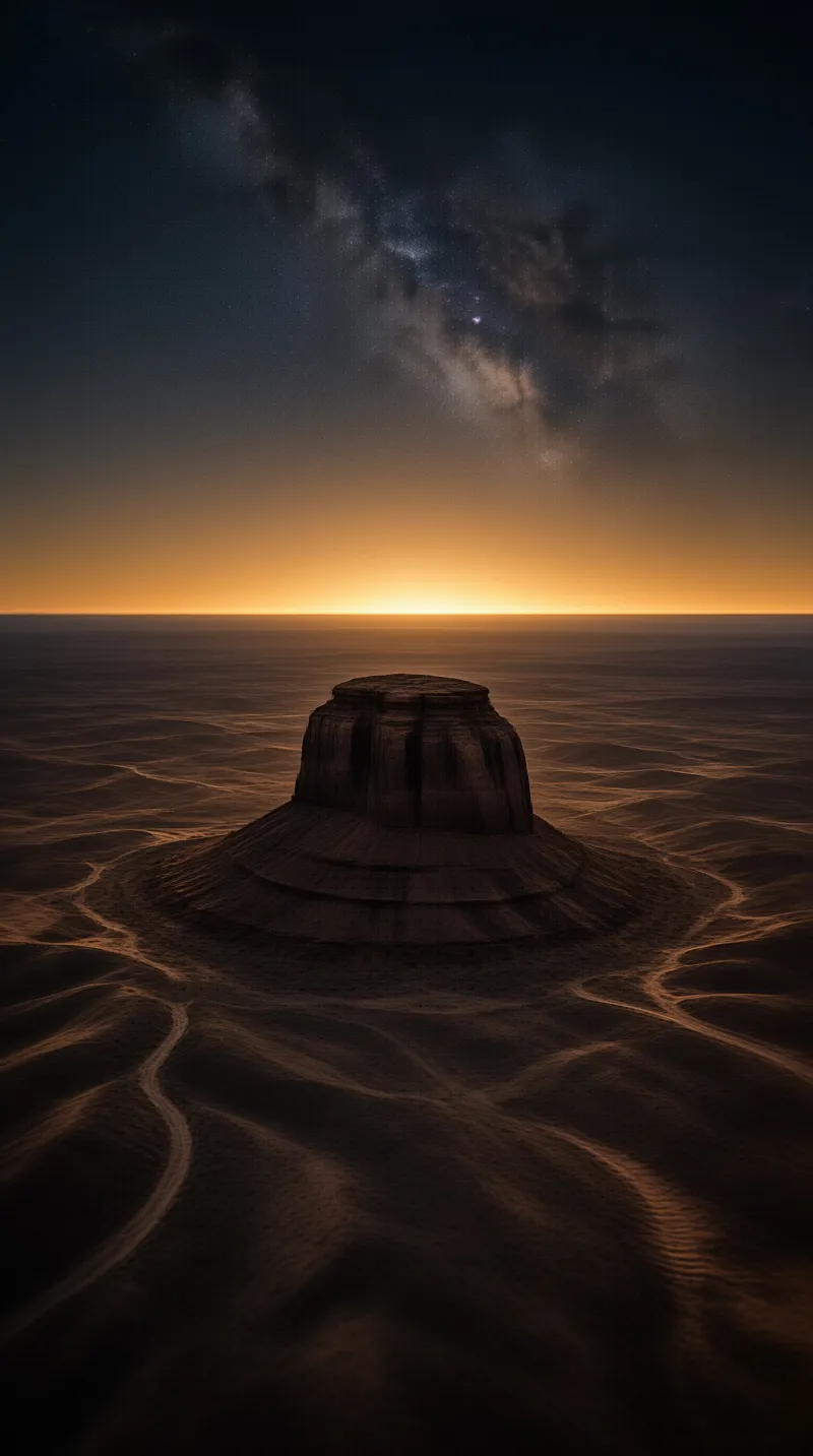 A solitary rocky mesa rises from rippled desert sands beneath a starry sky where the Milky Way meets a glowing horizon.
