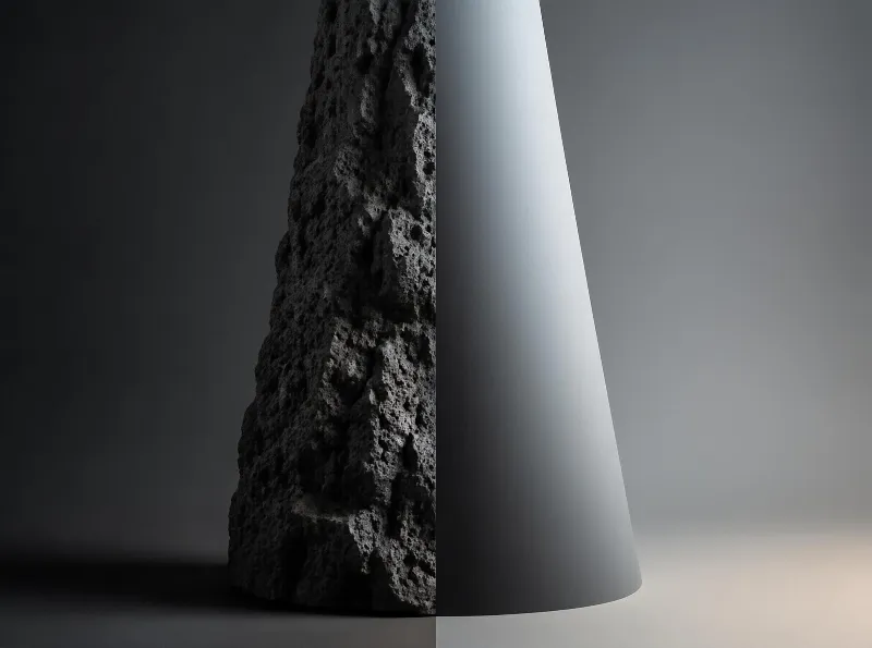 A rough, textured stone stands next to a smooth, conical shape against a dark gradient background with directional light coming from the right.