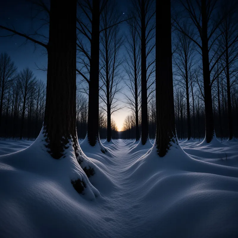 Two rows of bare trees flank a snow covered path that converges on a warm glow at the horizon.