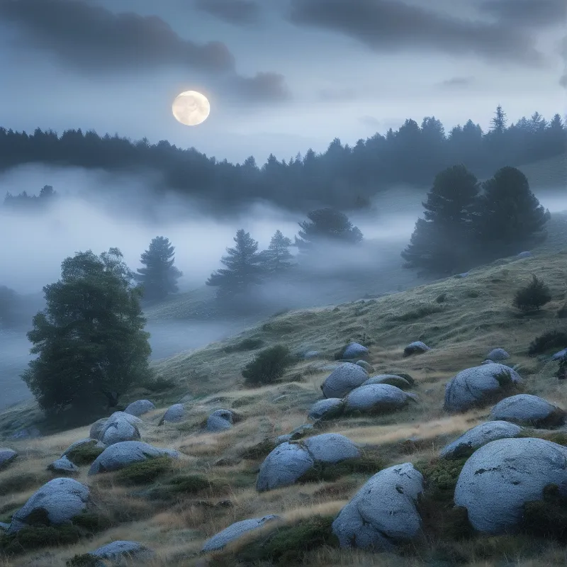 Misty Moonlit Mountain
