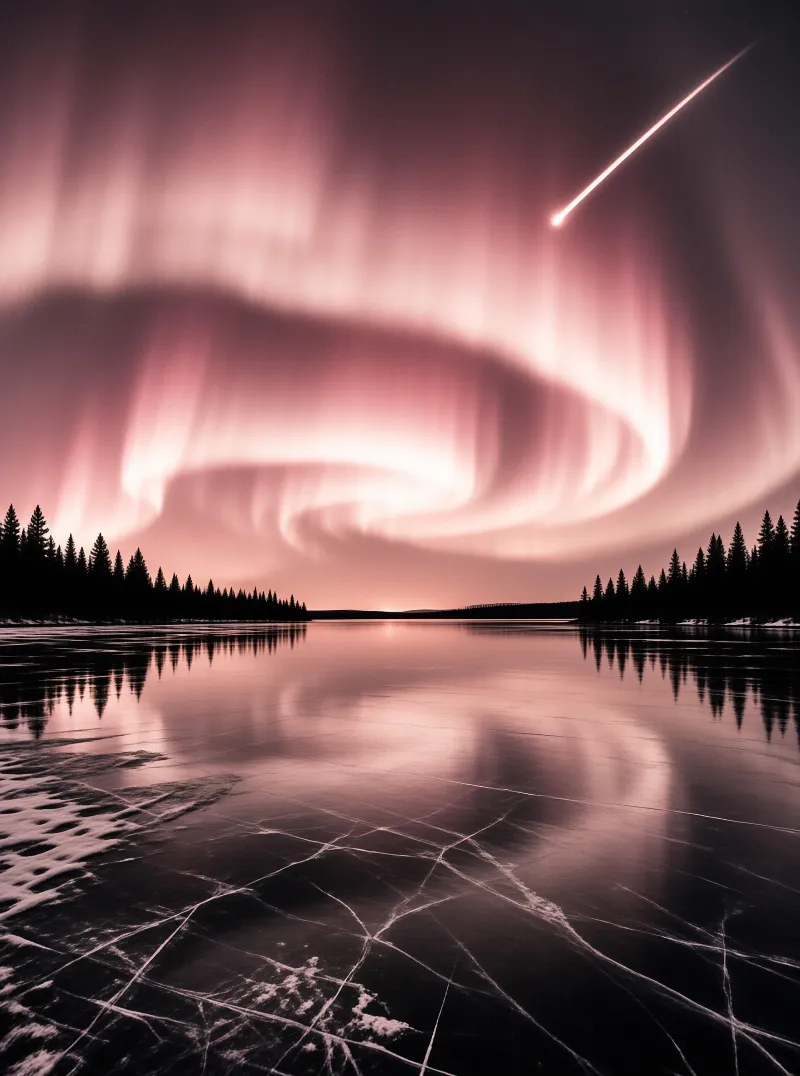 Swirling pink aurora lights the sky above a cracked frozen lake with pine trees and a bright meteor streaking overhead.
